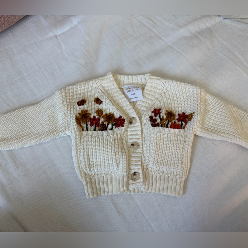 Cream Knit Baby Cardigan with Floral Embroidery
